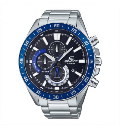 CASIO EDIFICE CRONO SFONDO NERO RIFERIMENTI BLU BRACCIALATO ACCIAIO